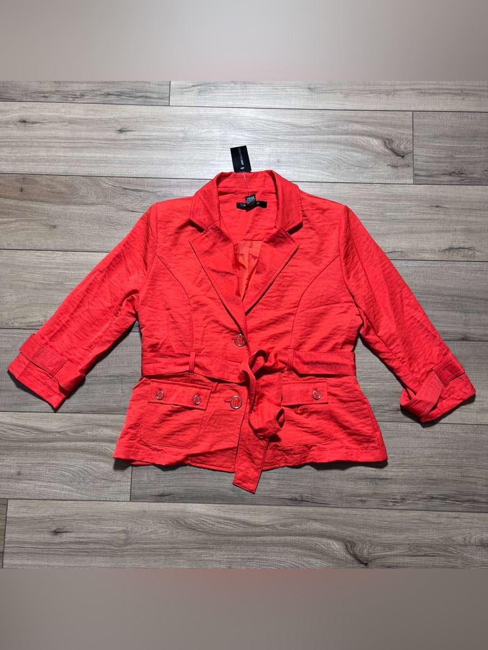 89th & Madison Women Belted Tie Waist 3/4 Sleeve Button Front Jacket L Grenadine